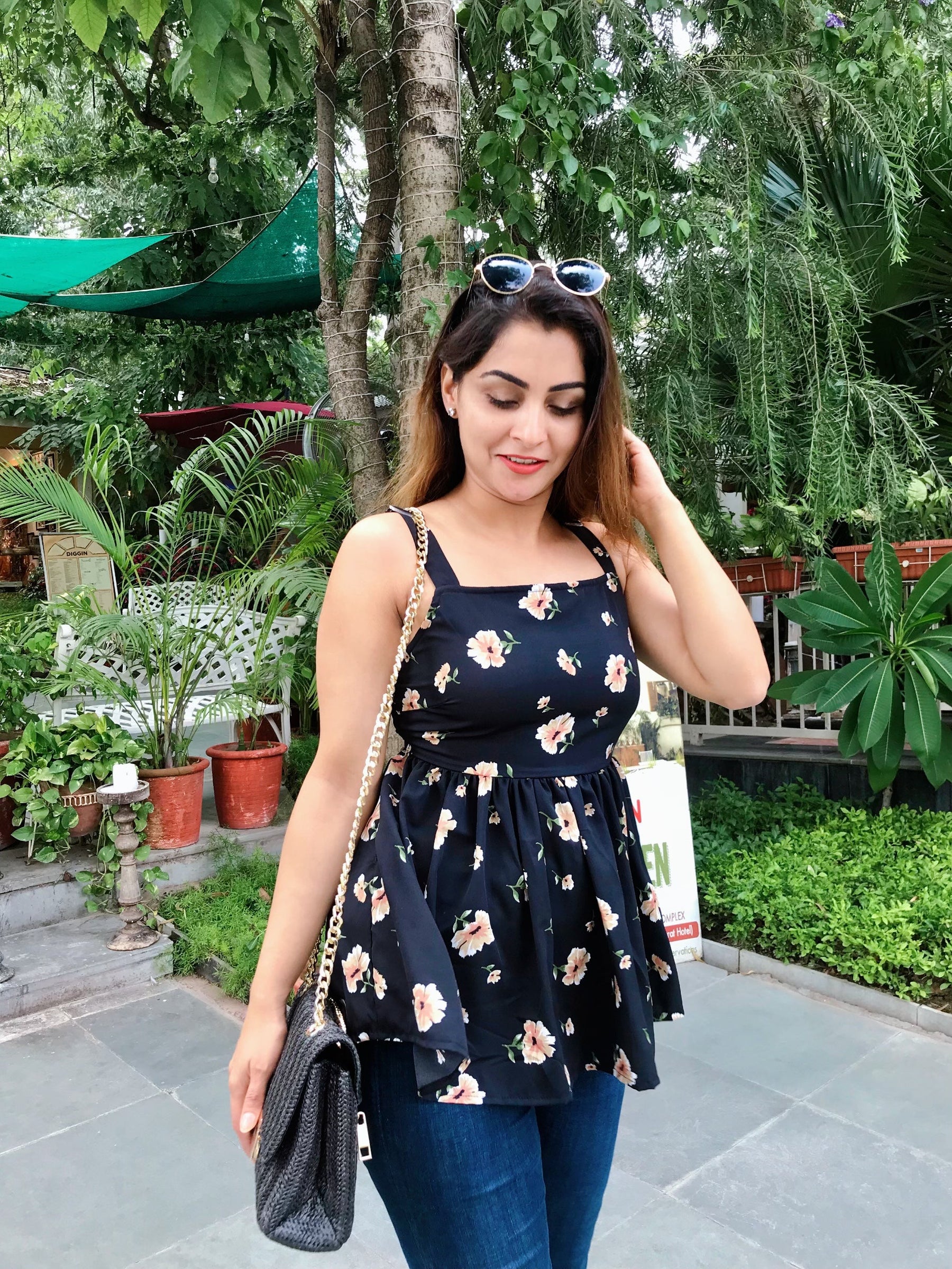 Black Floral Print Tie Up Top