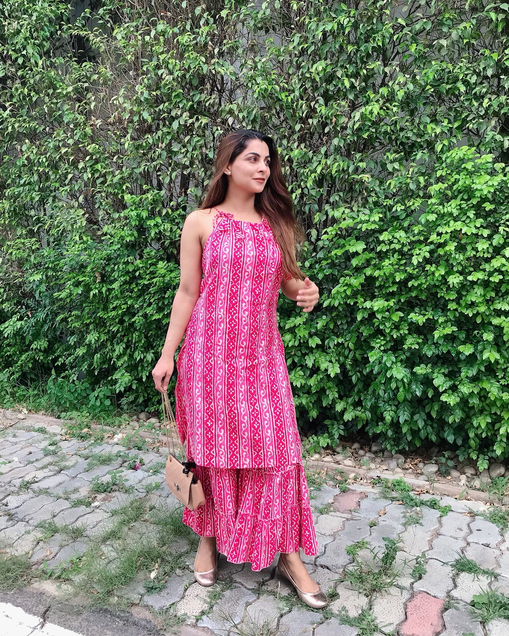 Pink Block Printed Kurta Sharara Set