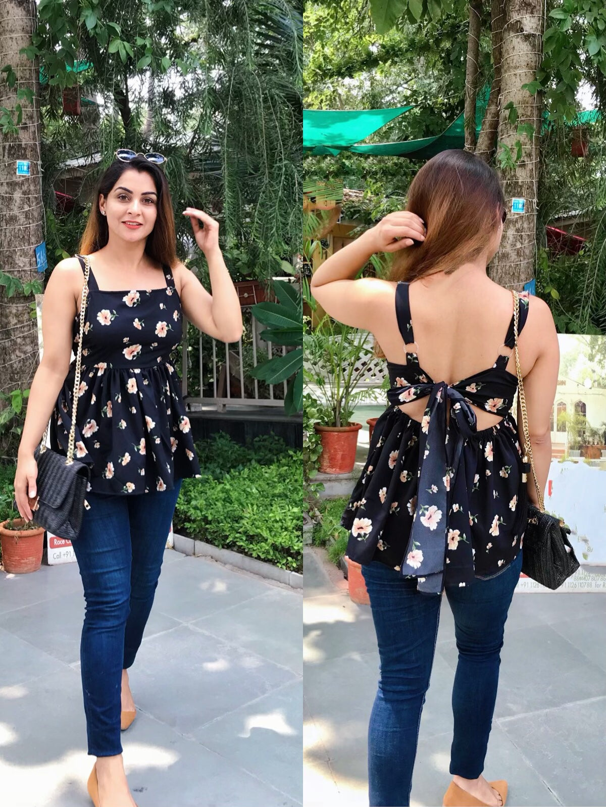 Black Floral Print Tie Up Top