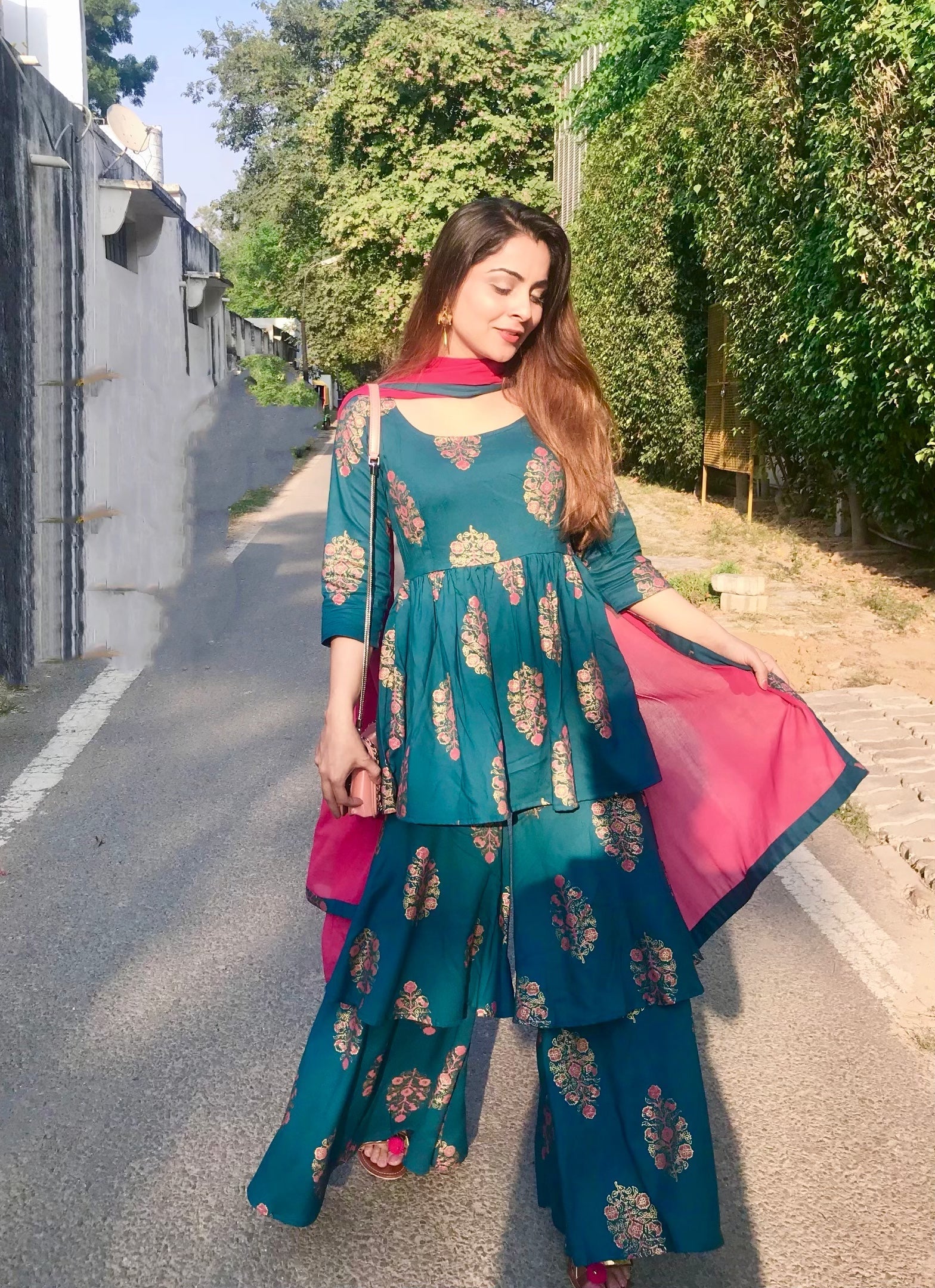 Teal Block Print Dupatta Suit Set