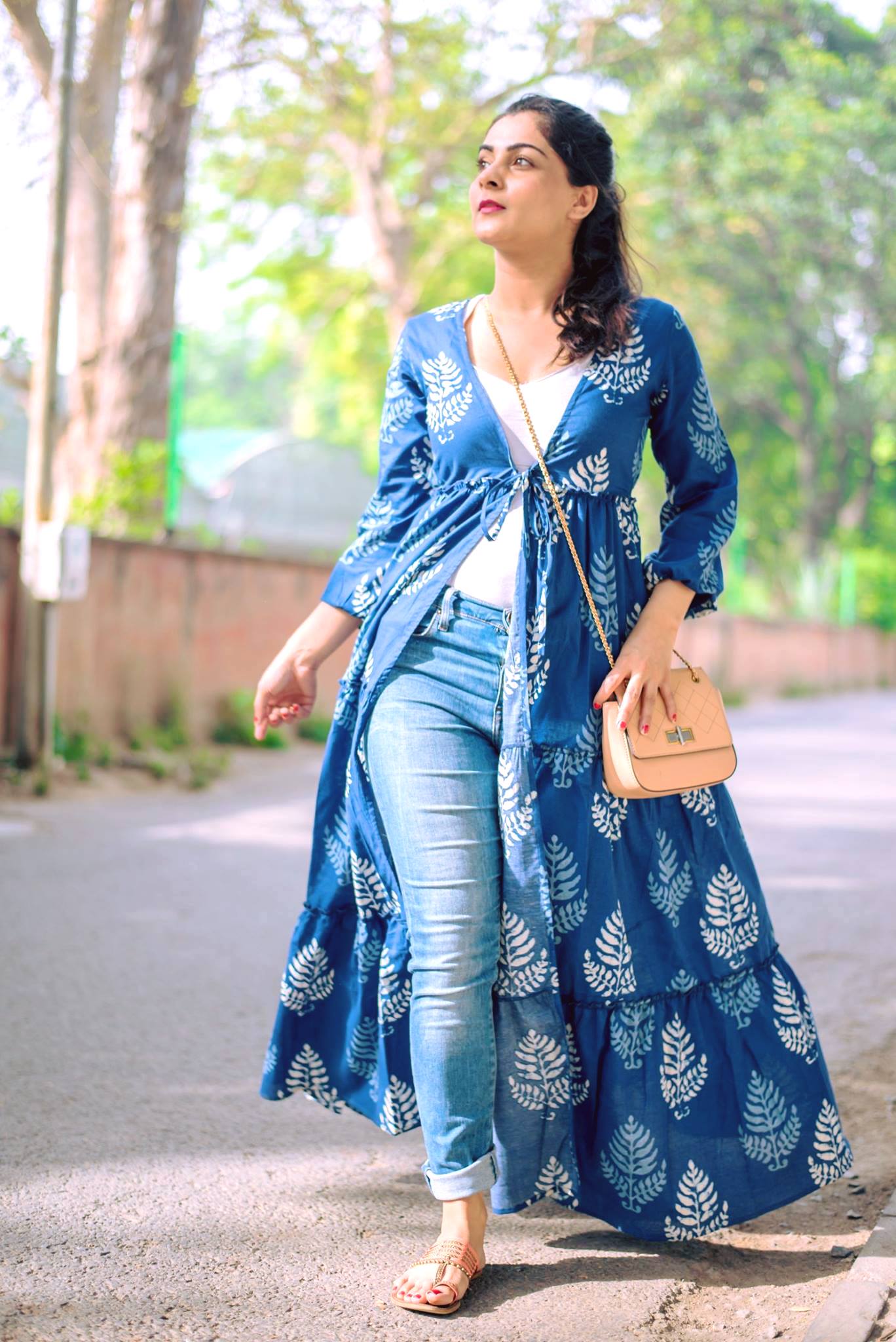 Indigo Leaf Print Cape Jacket