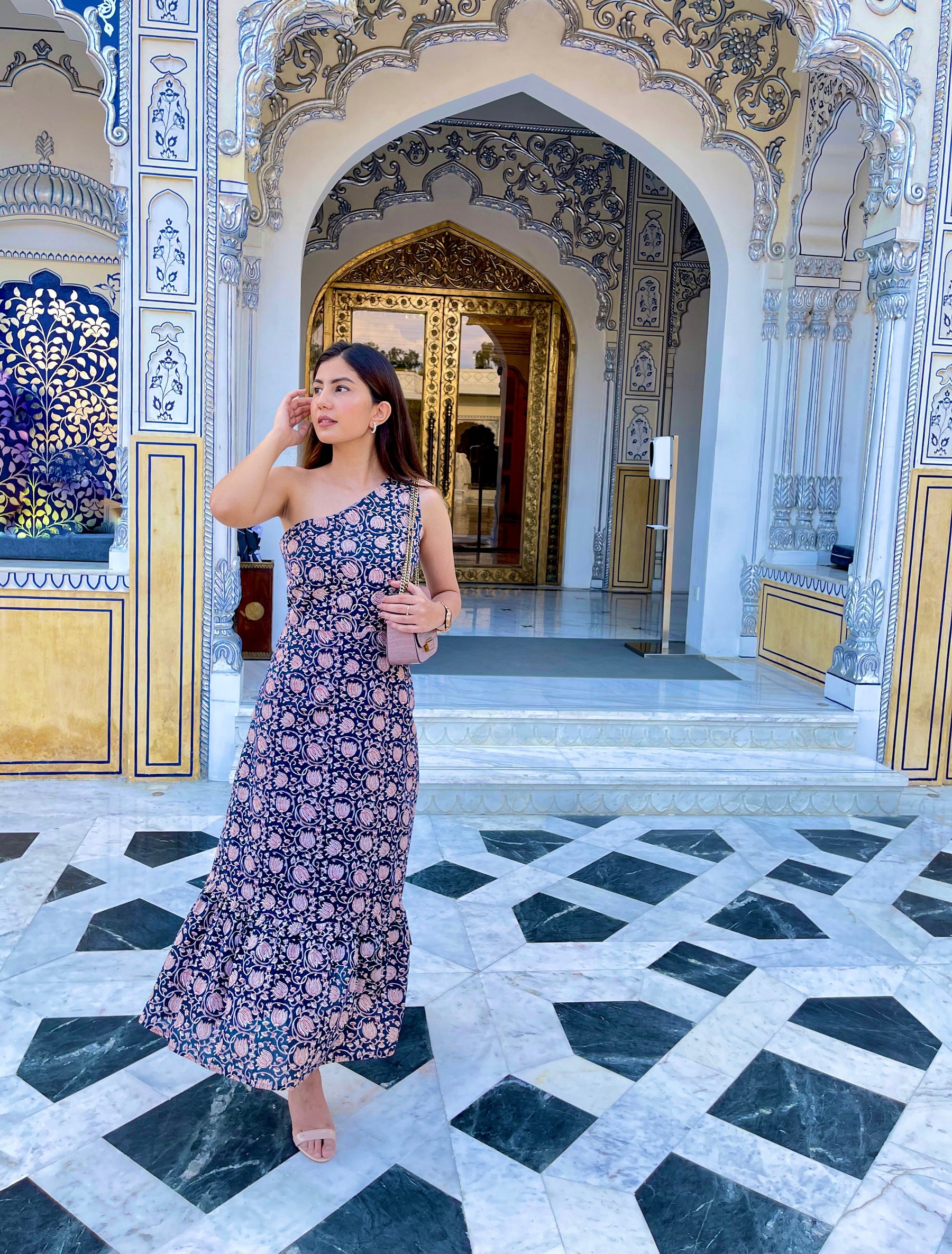 Blue Floral One Shoulder Dress