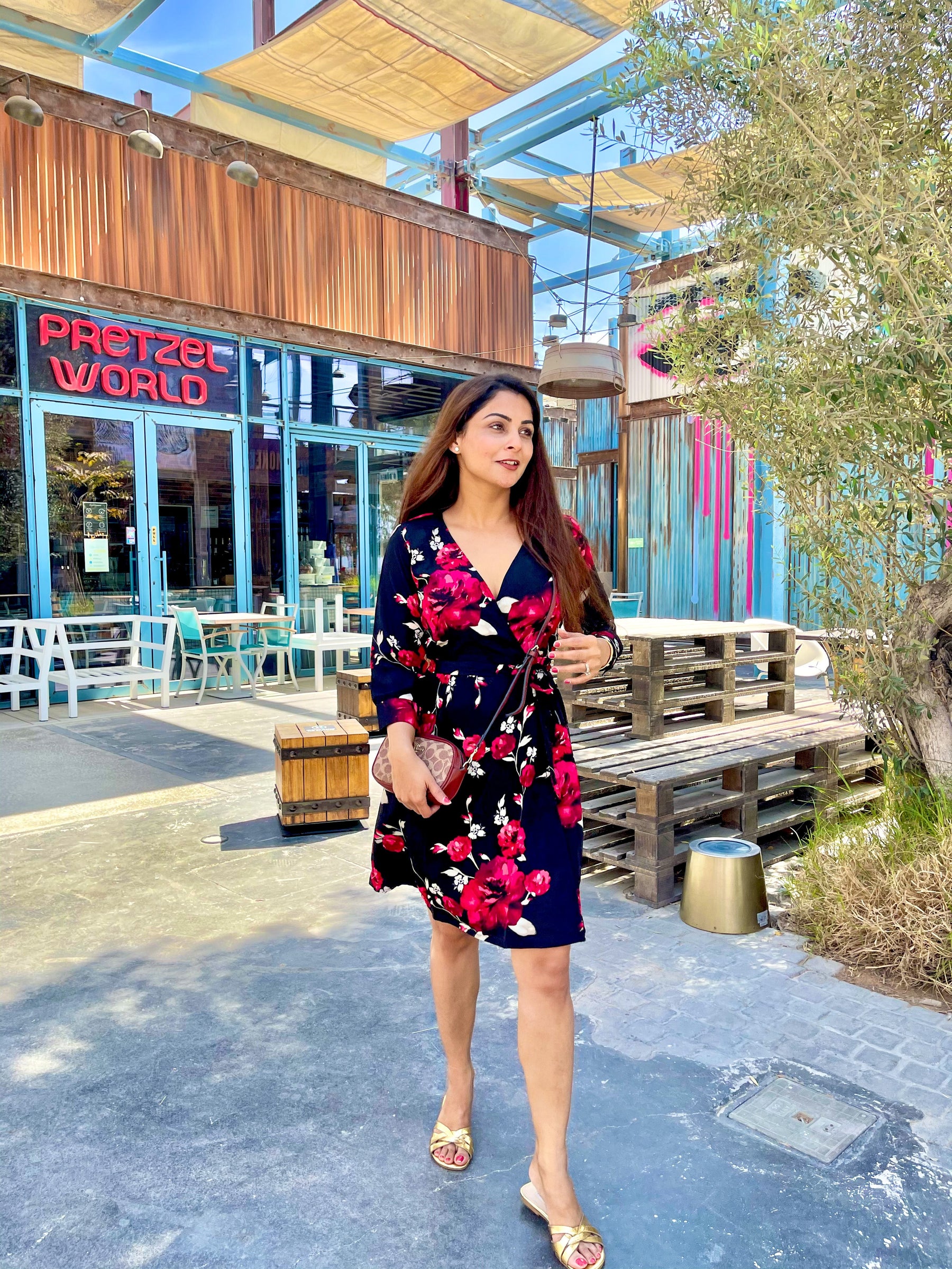 Black Floral Print Wrap Dress