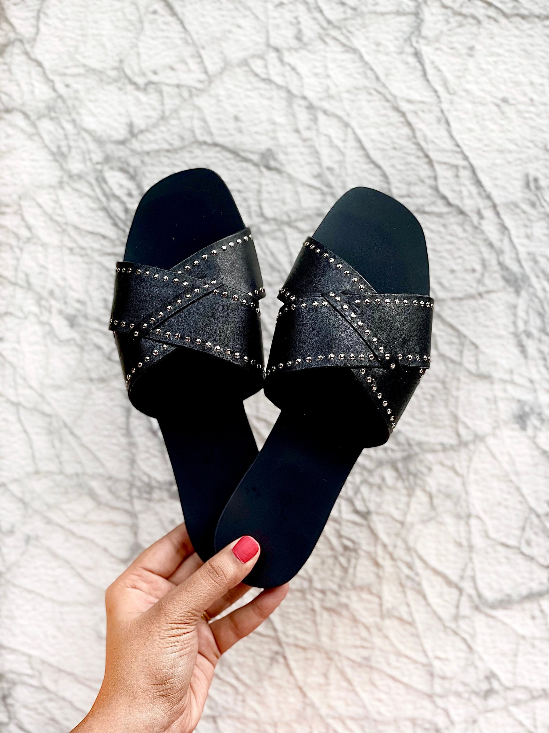 Black Cross Studded Slides