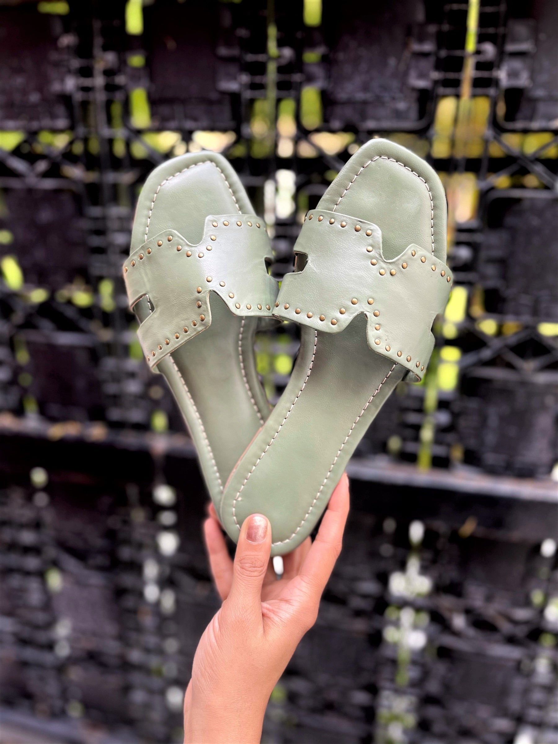 Olive Green Studded Slides