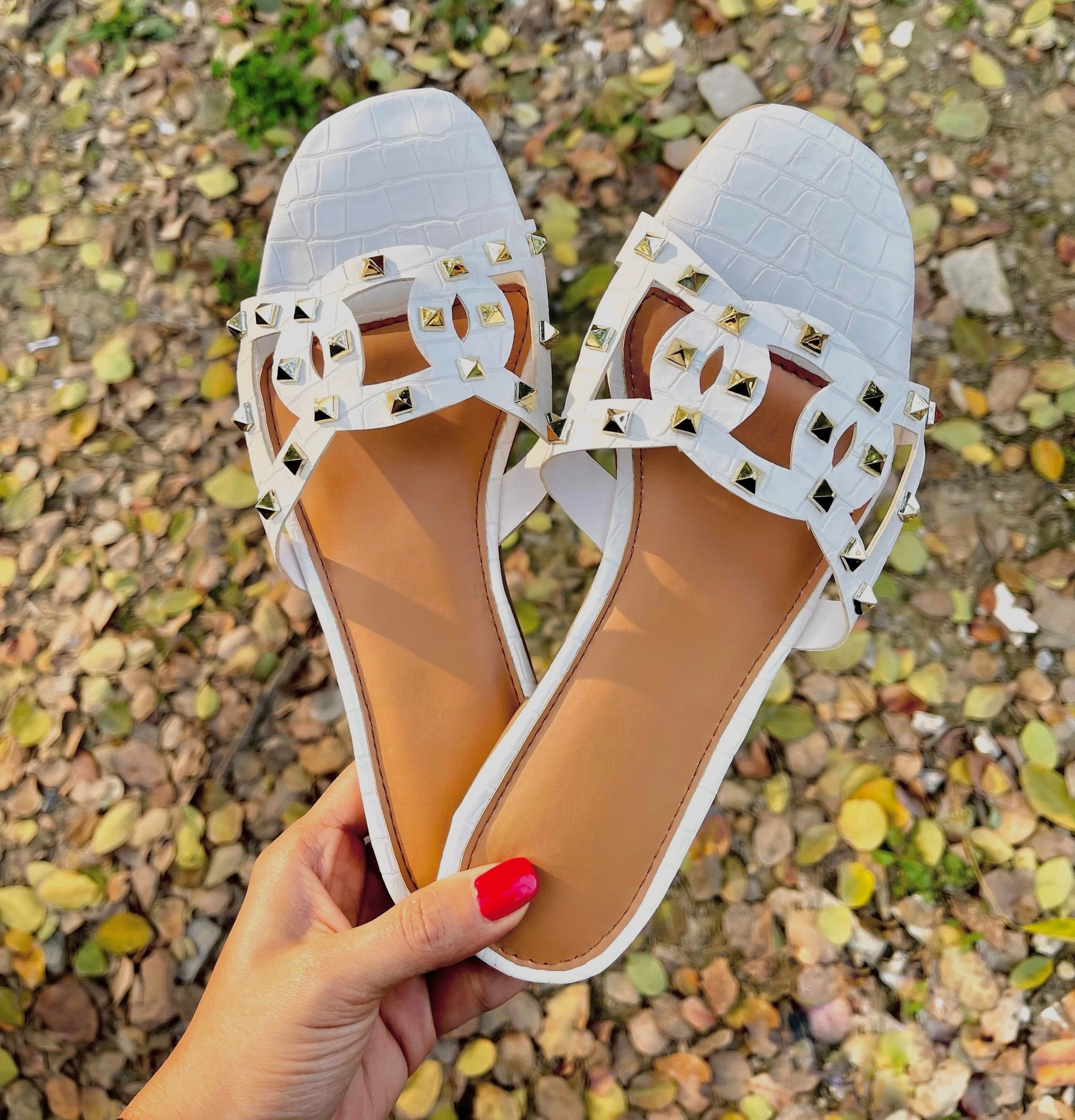 White Croc Studded Slides