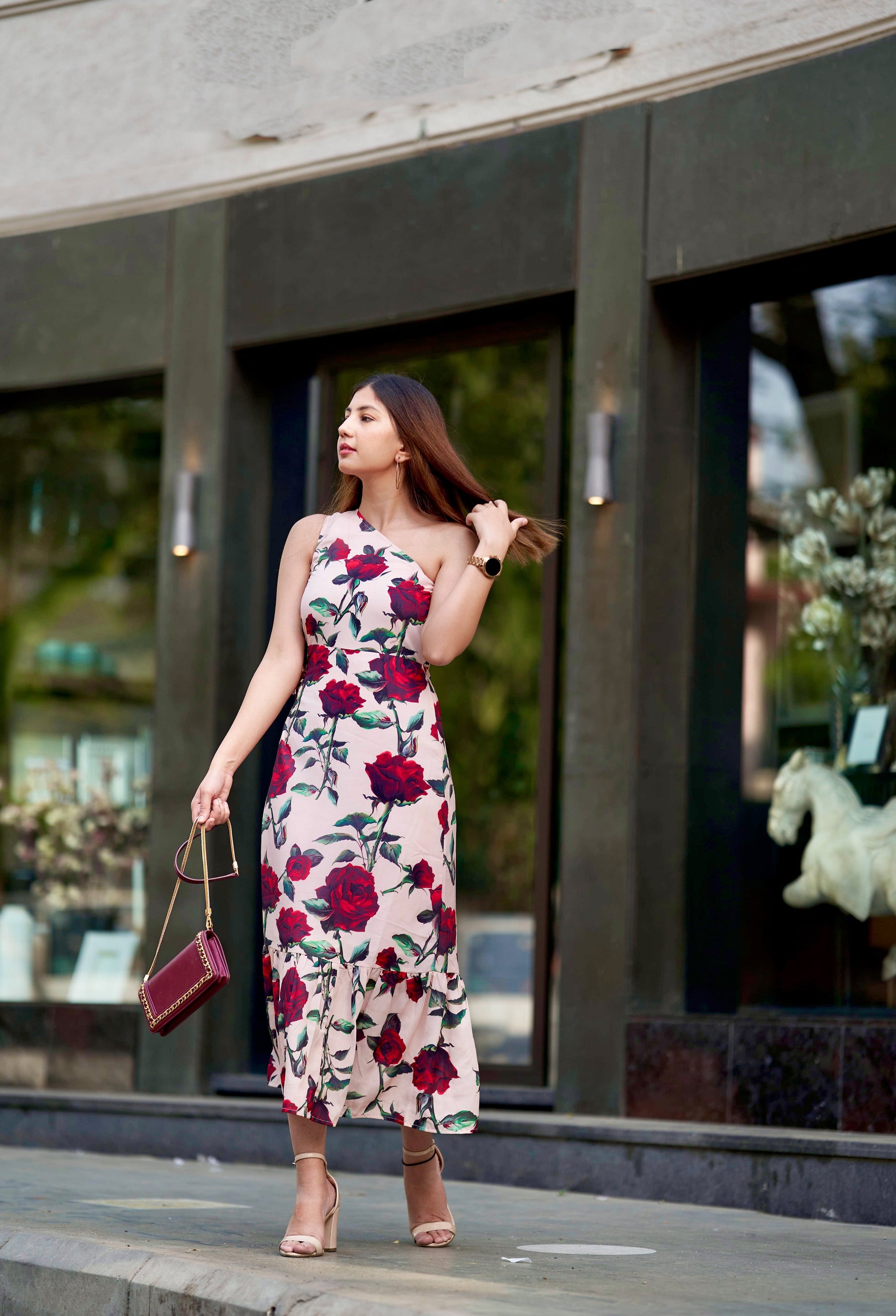 Creamy Floral One Shoulder Dress