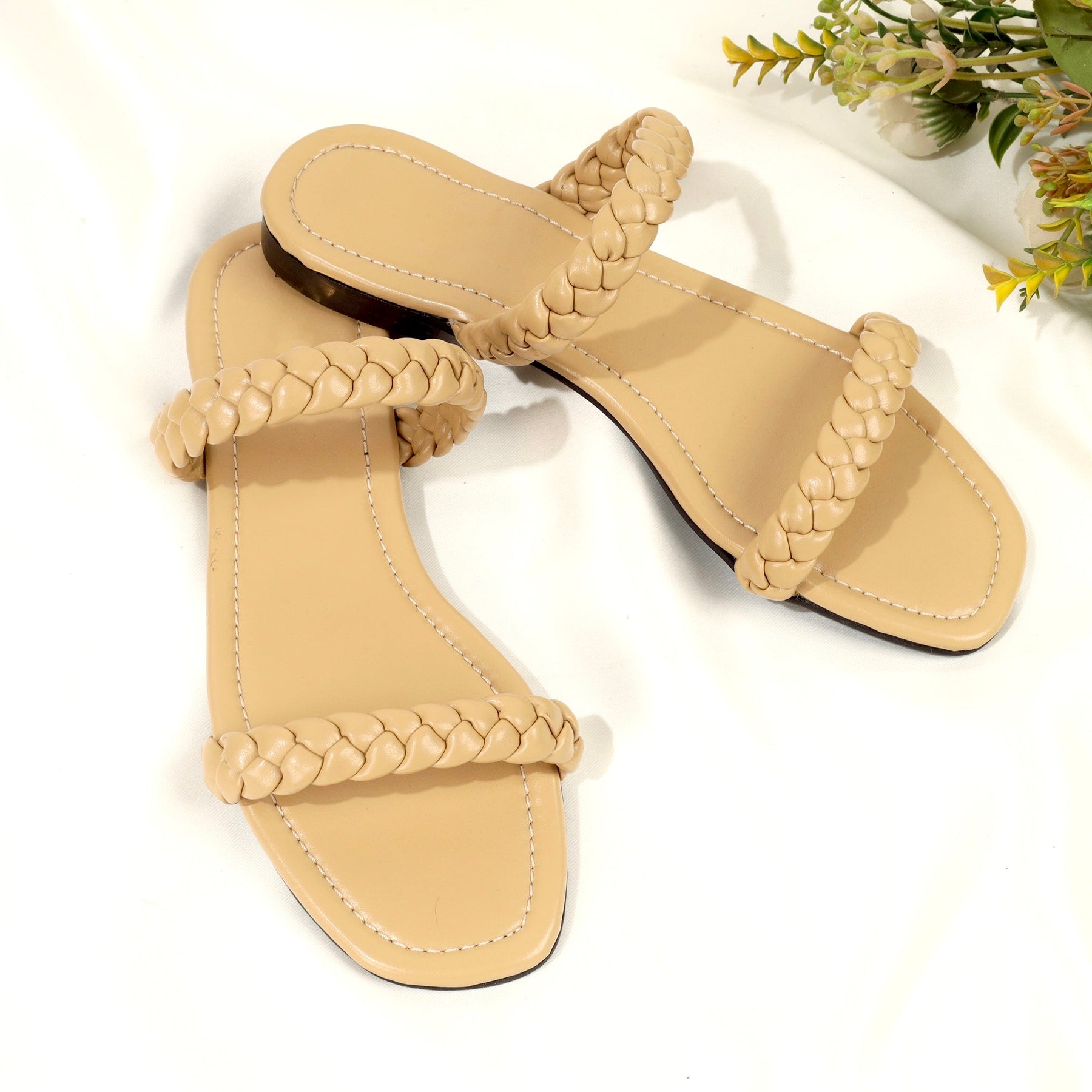 Beige Braided Double Strap Slides