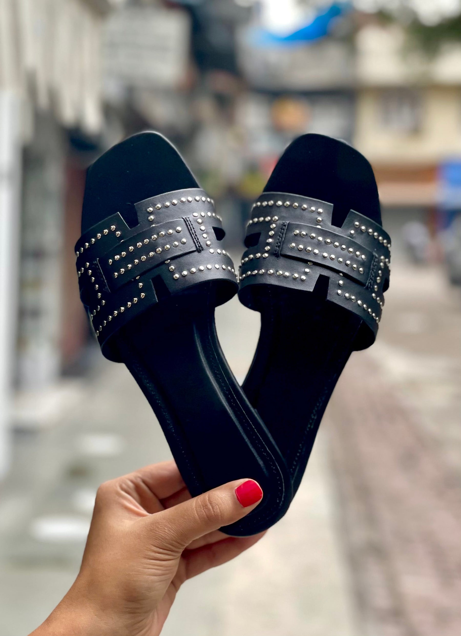 Black Studded Slides