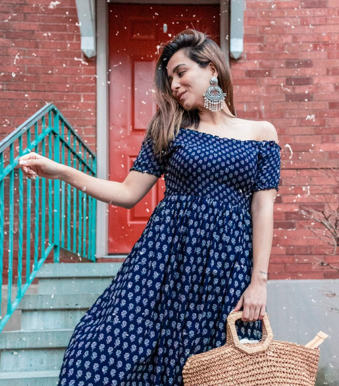 Blue Printed Off Shoulder Dress