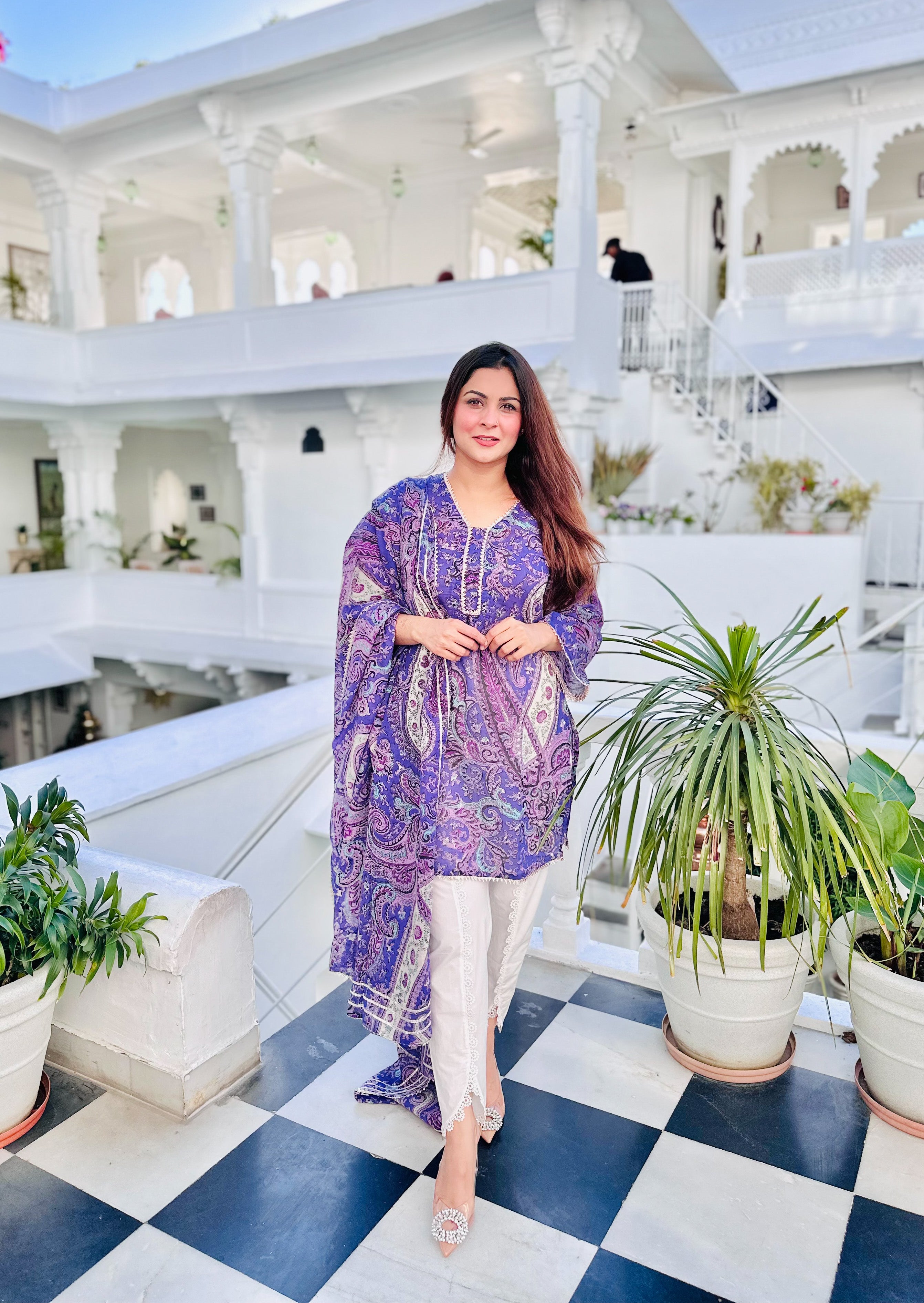 Rangeen Pret Printed Raw Silk 3 Piece Suit Lavender Bloom