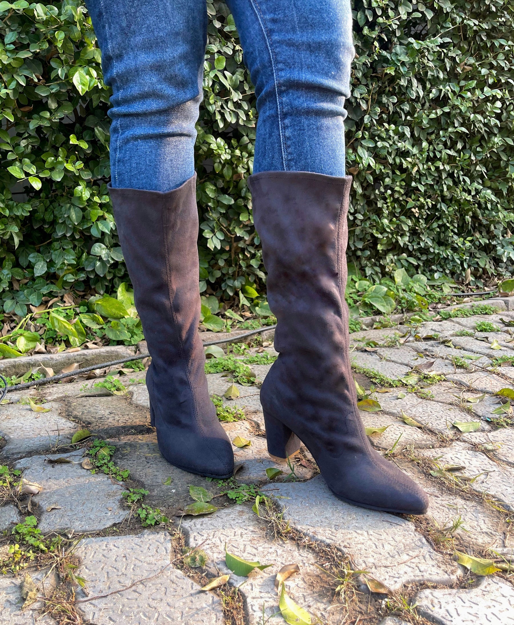 Grey Suede Block Heel Boots