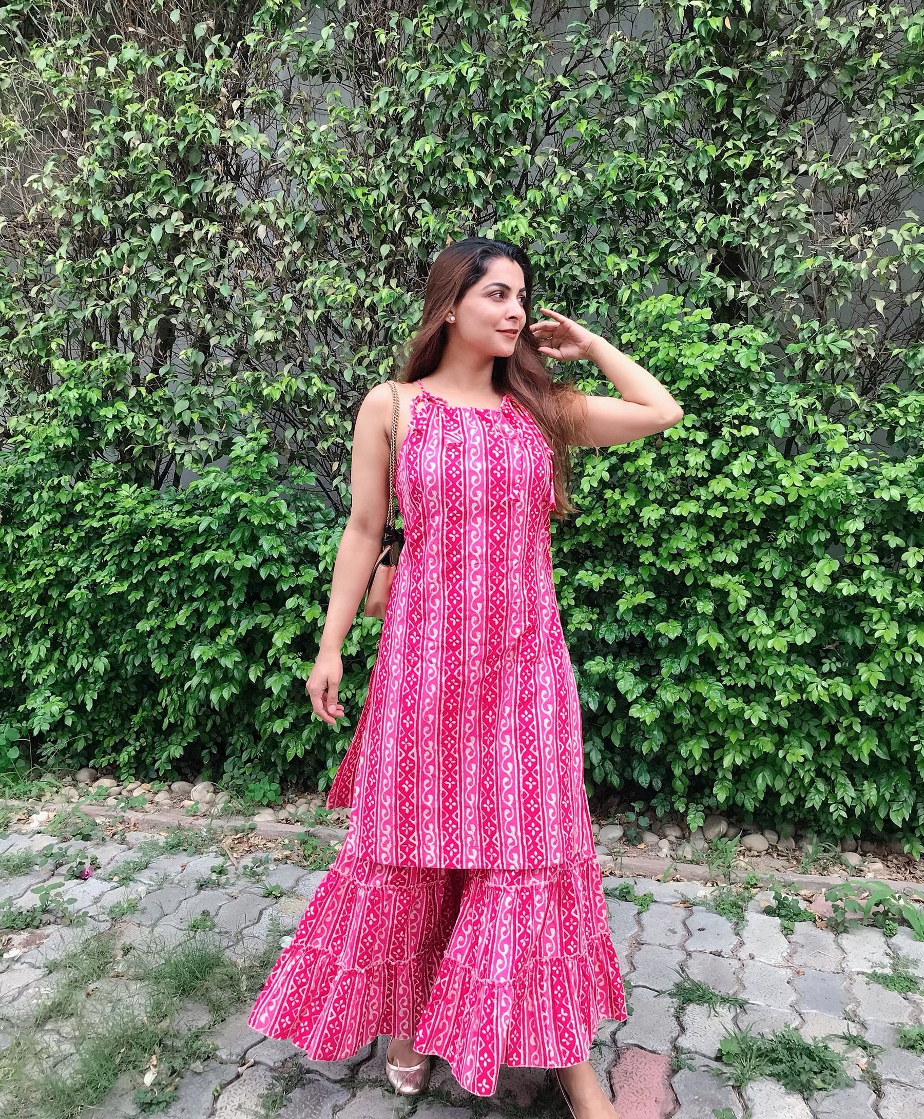 Pink Block Printed Kurta Sharara Set