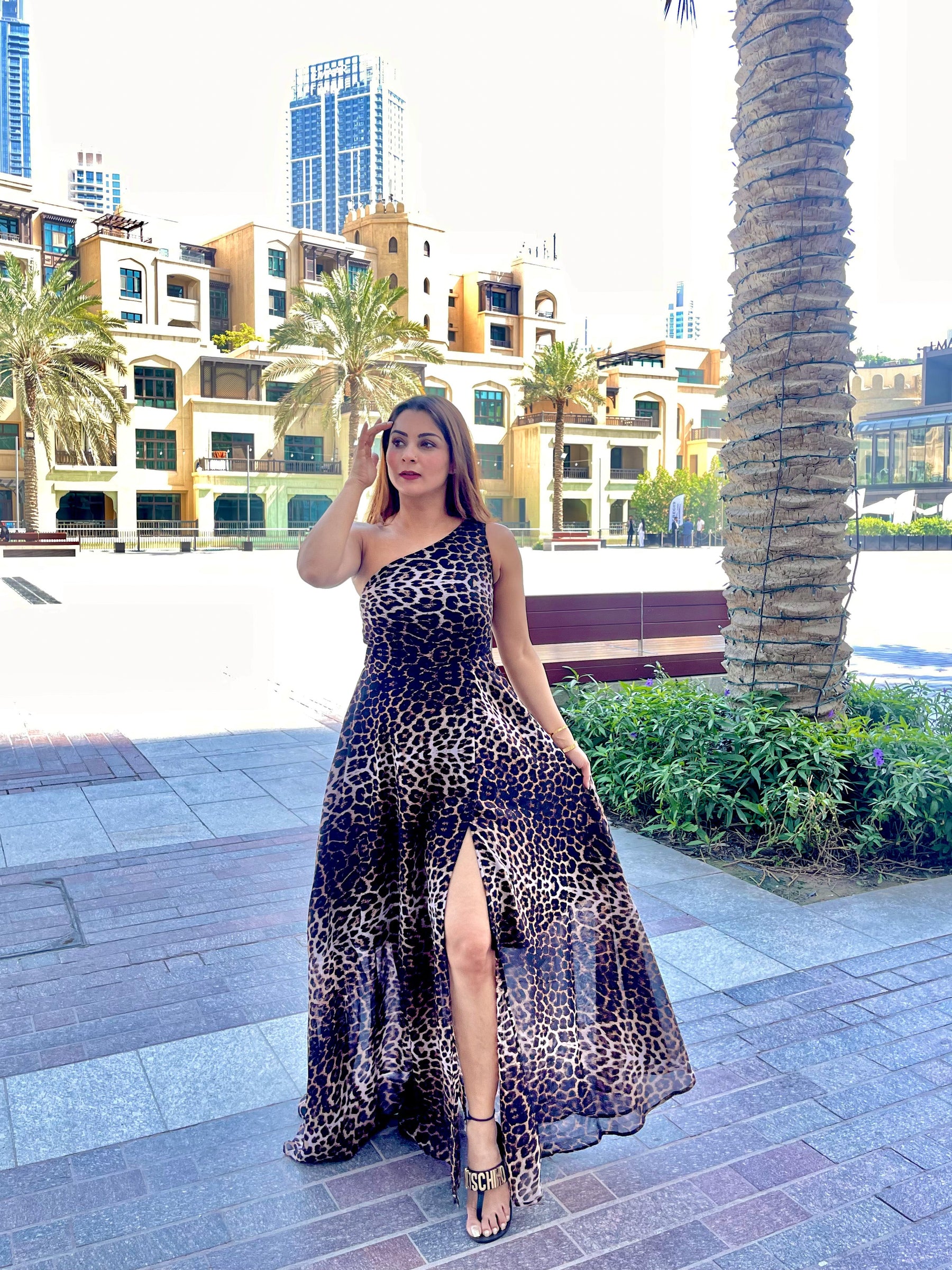 Animal Print One Shoulder Maxi Dress