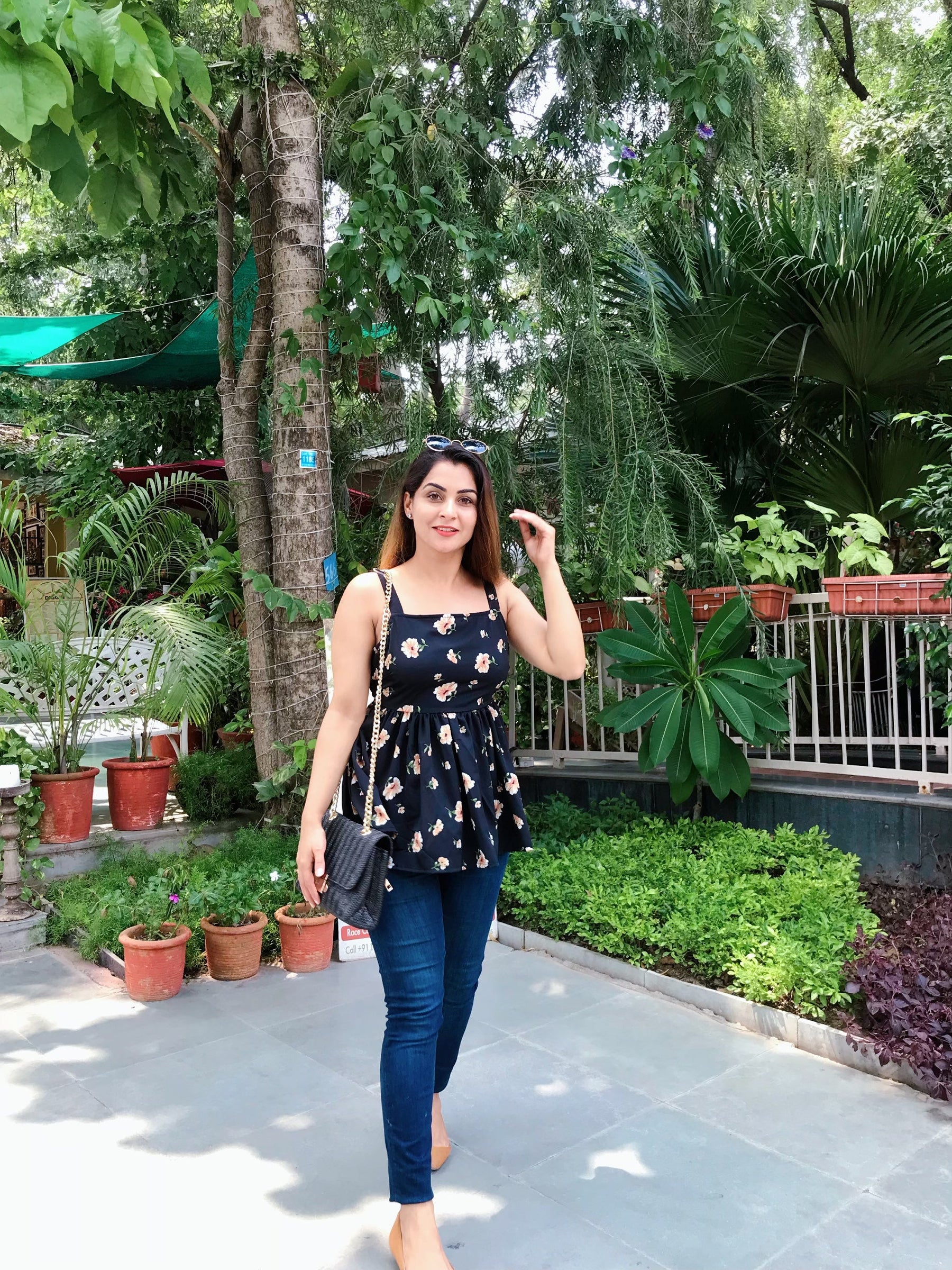 Black Floral Print Tie Up Top