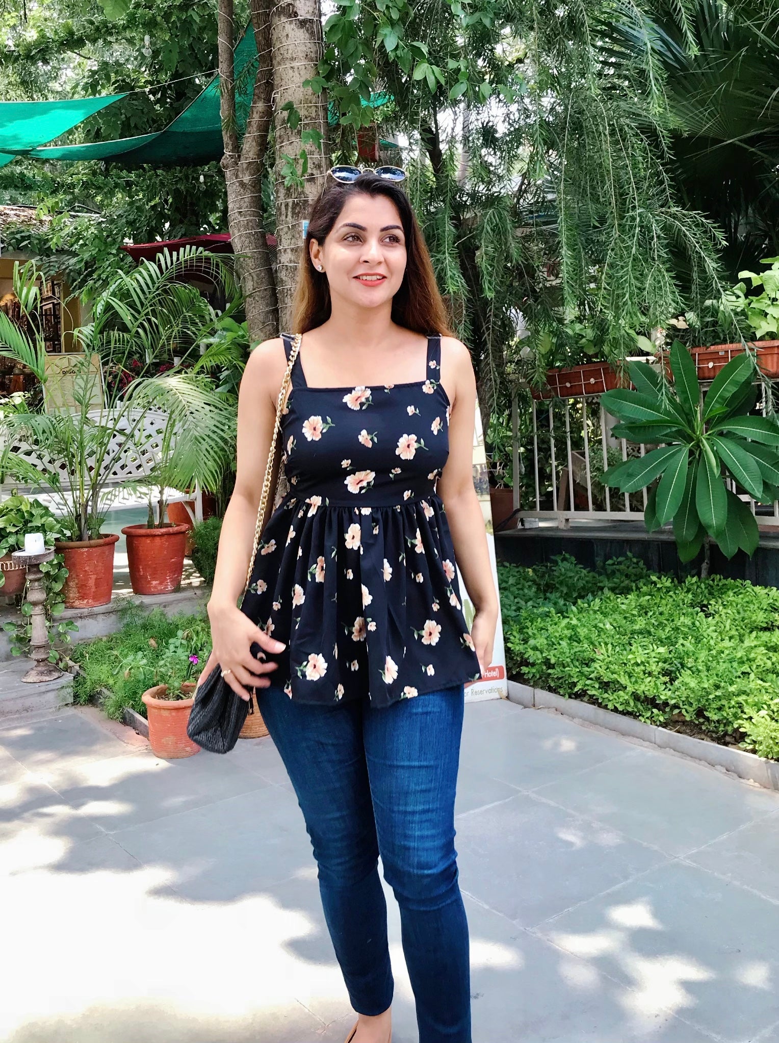 Black Floral Print Tie Up Top