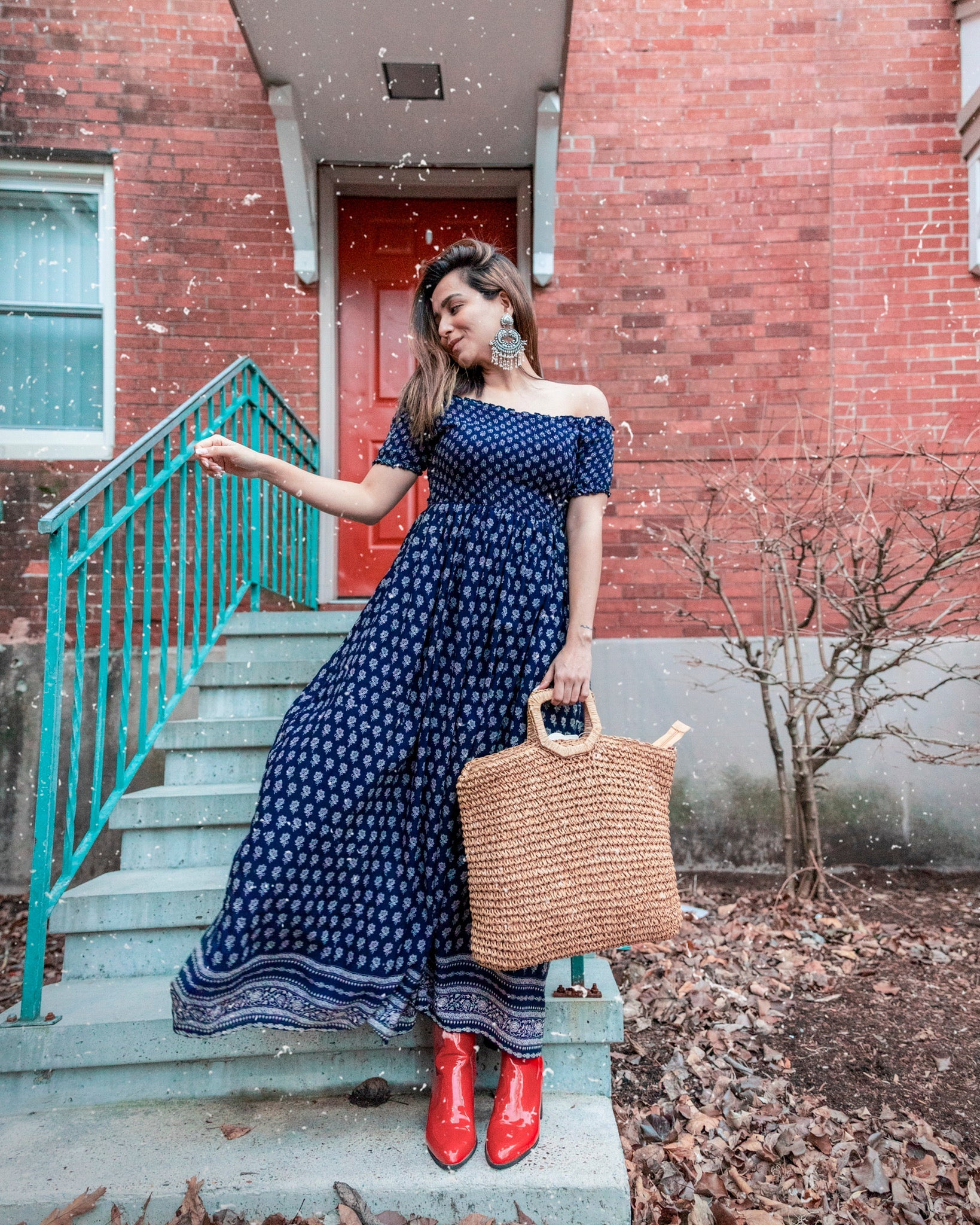 Blue Printed Off Shoulder Dress