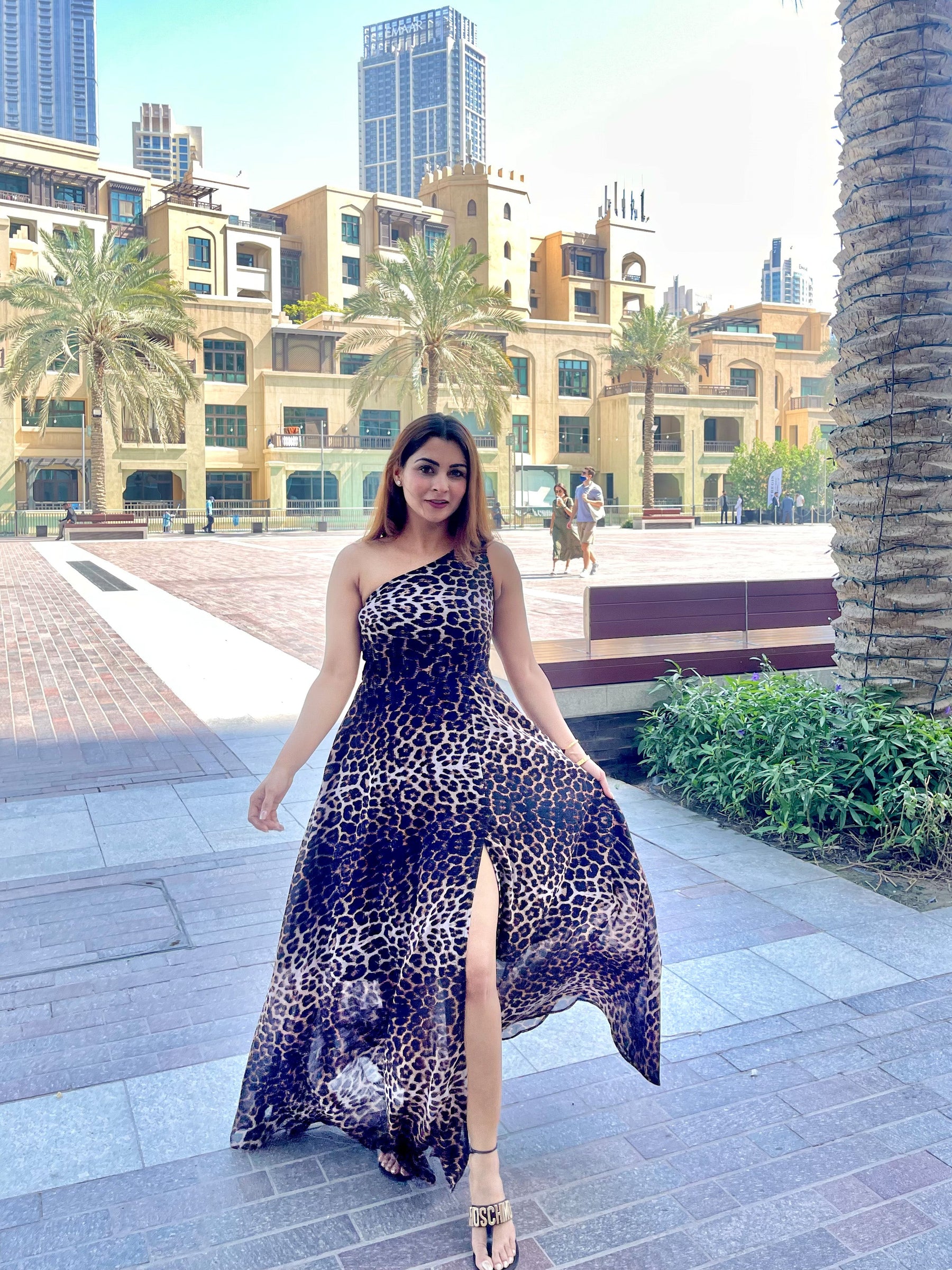 Animal Print One Shoulder Maxi Dress