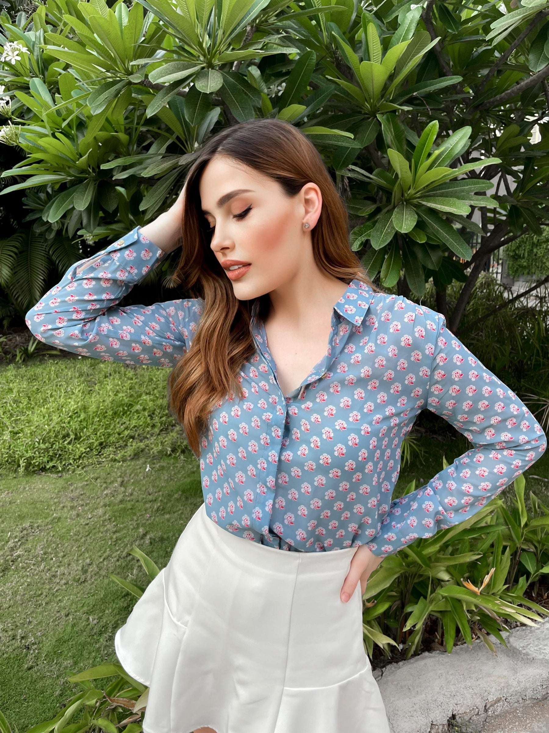 Summer Blue Floral Print Shirt