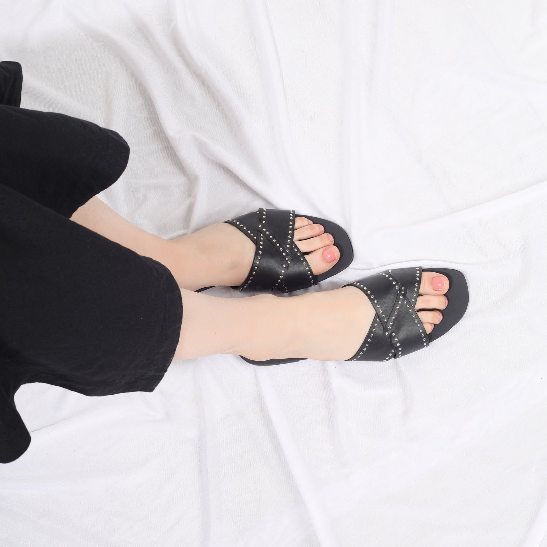 Black Cross Studded Slides