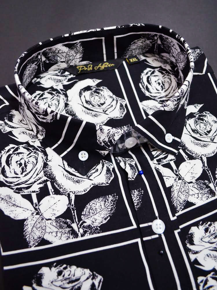 Black Rose Print Casual Men's Shirt