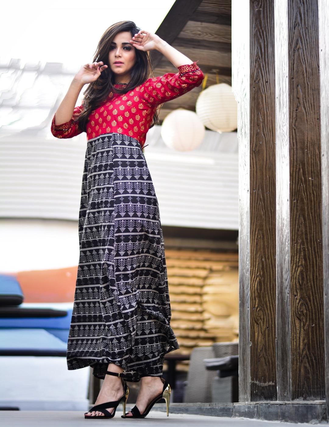 Wine & Black Combination Maxi Gown- By Posh Affair