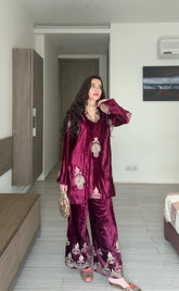 Burgundy Embroidered Velvet Coord Set