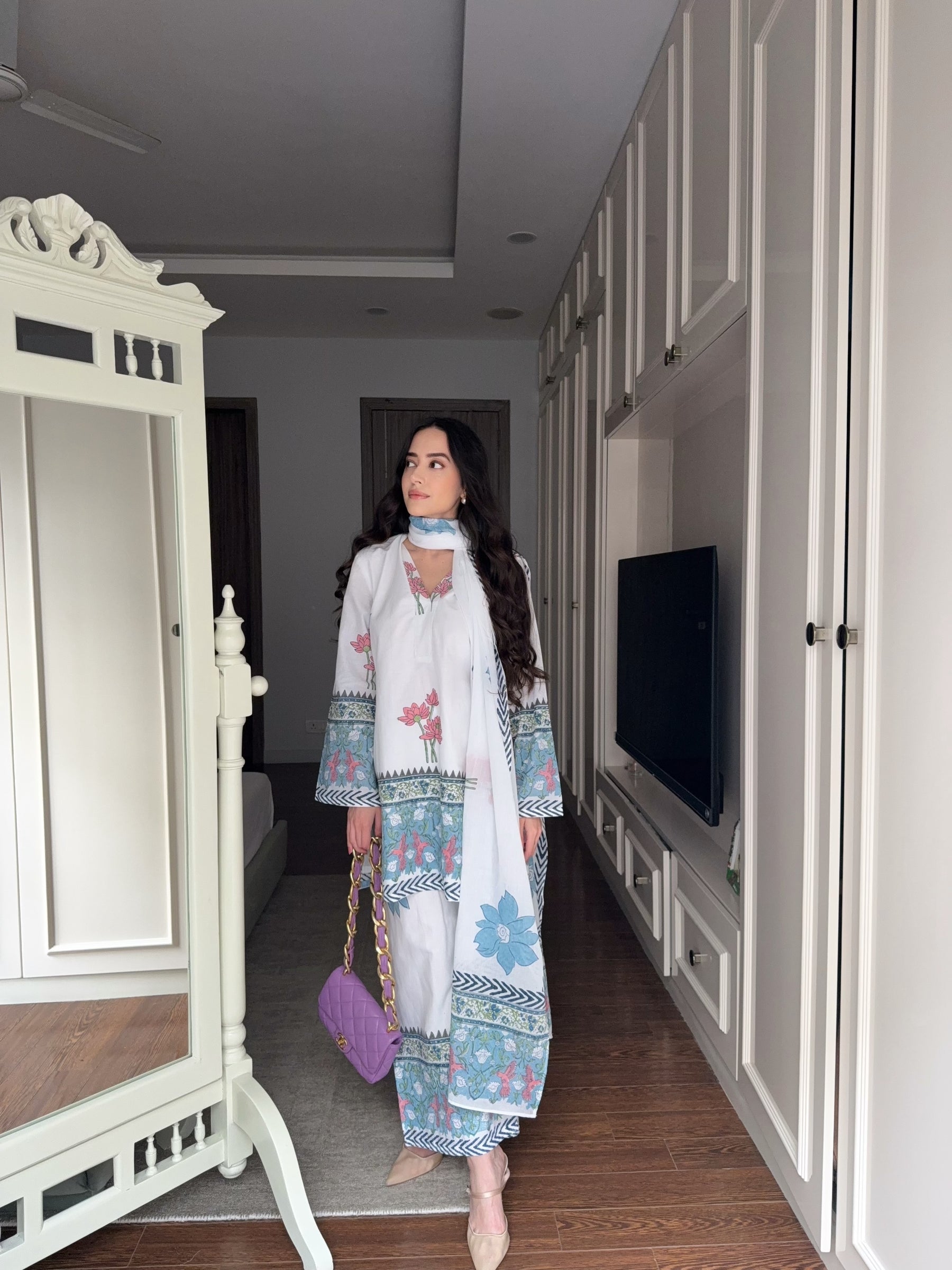 Blue Floral Cotton Suit Set