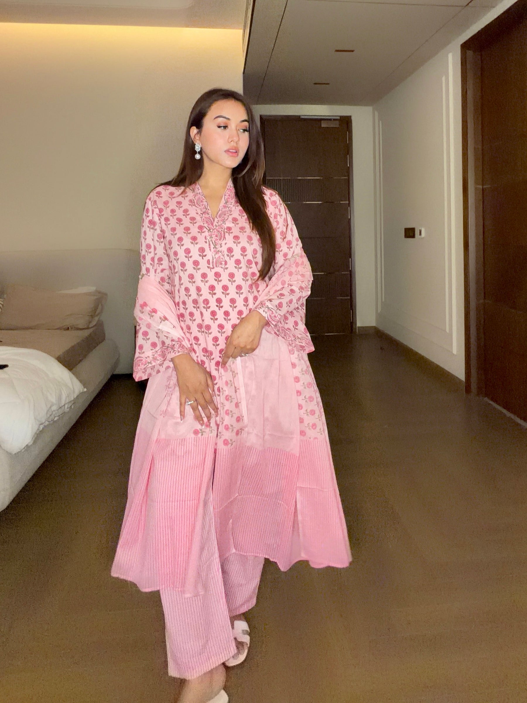 Soft Pink Block Print Suit Set