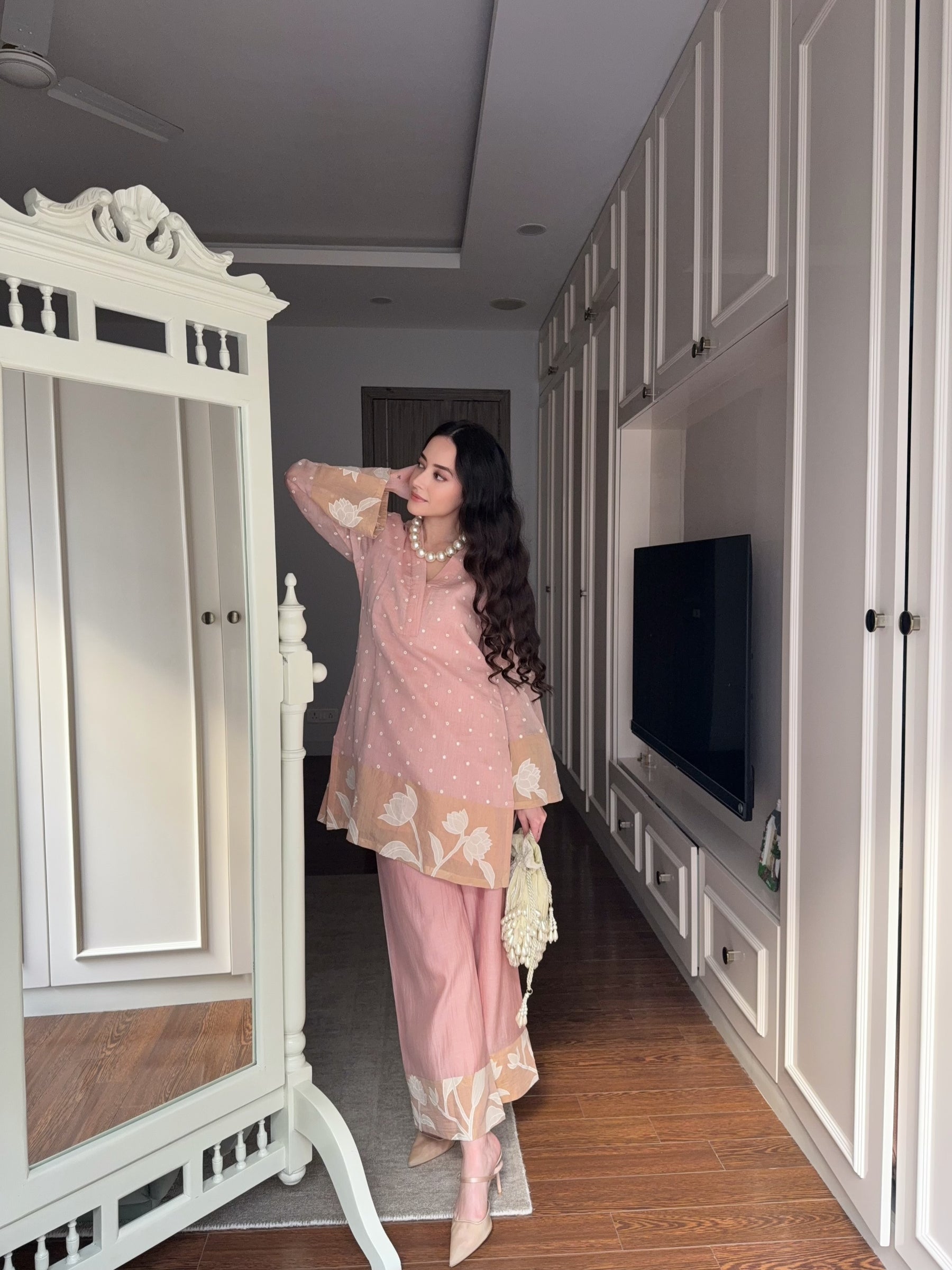 Pink Blossom Chanderi Mirrorwork Coord Set