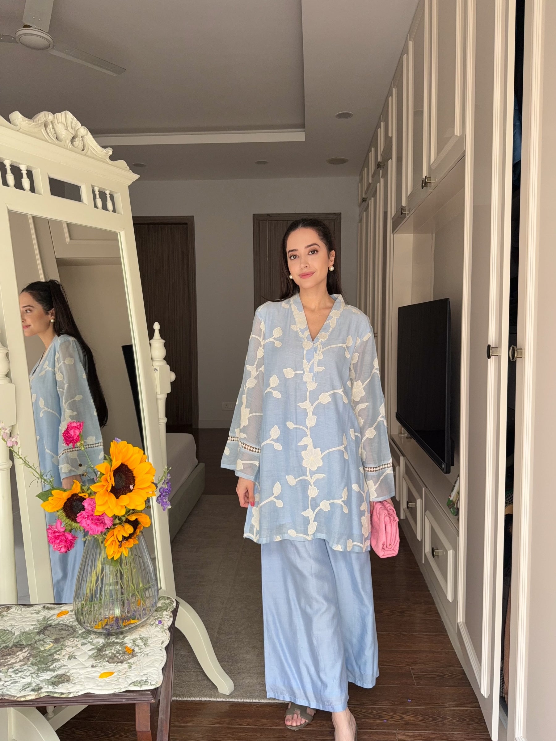 Ocean Blue Cutwork Embroidery Floral Coord Set