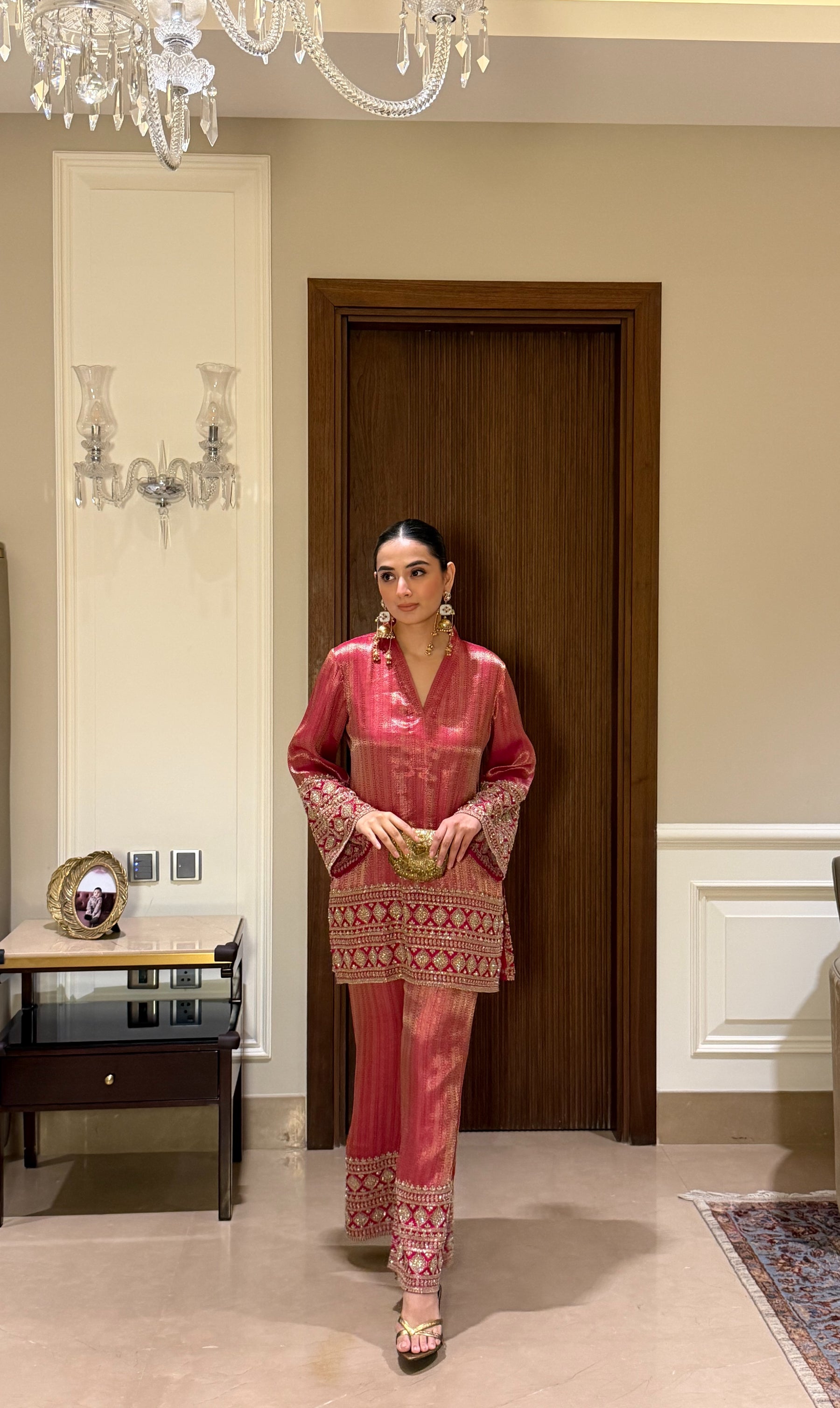 Pink Banarasi Beadwork Coord Set