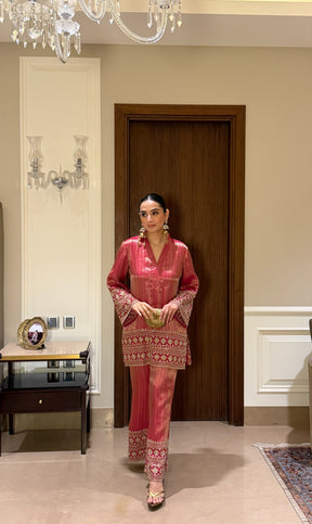 Pink Banarasi Beadwork Coord Set