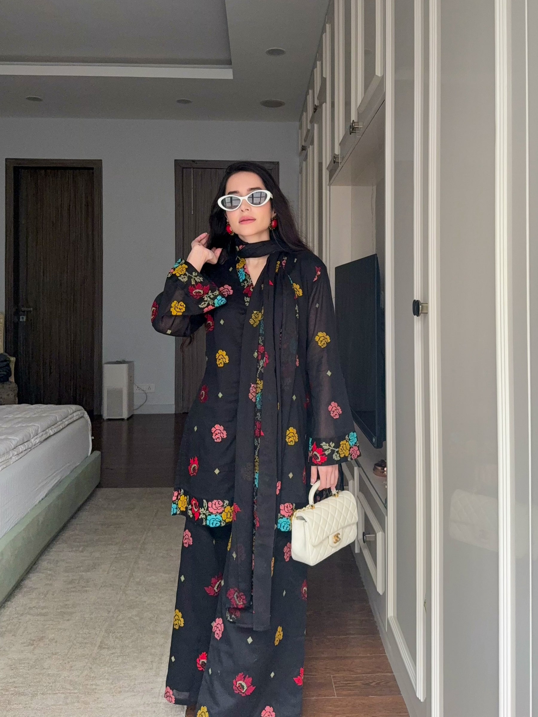 Black Embroidered Cotton Suit Set