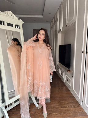 Pure Peach Embroidered Organza Suit Set