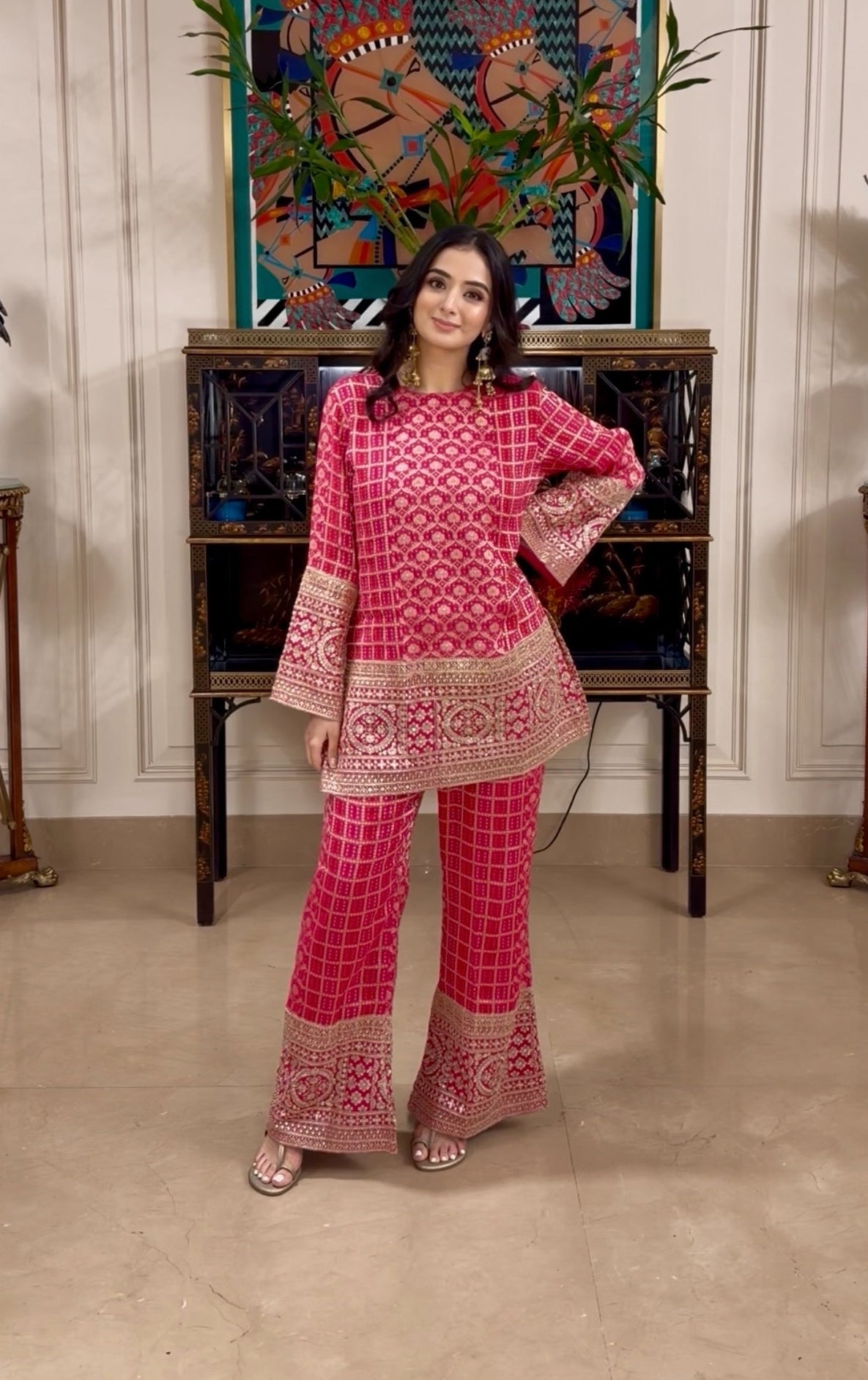 Pink Bandhej Zariwork Coord Set