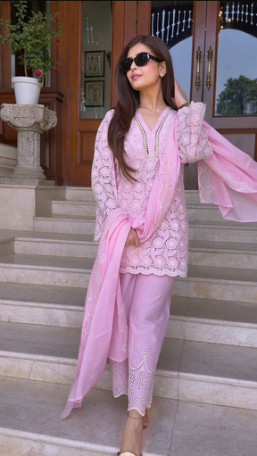 Classic Pink Cutwork Embroidery Suit Set