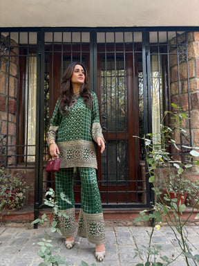 Green Bandhej Zariwork Coord Set
