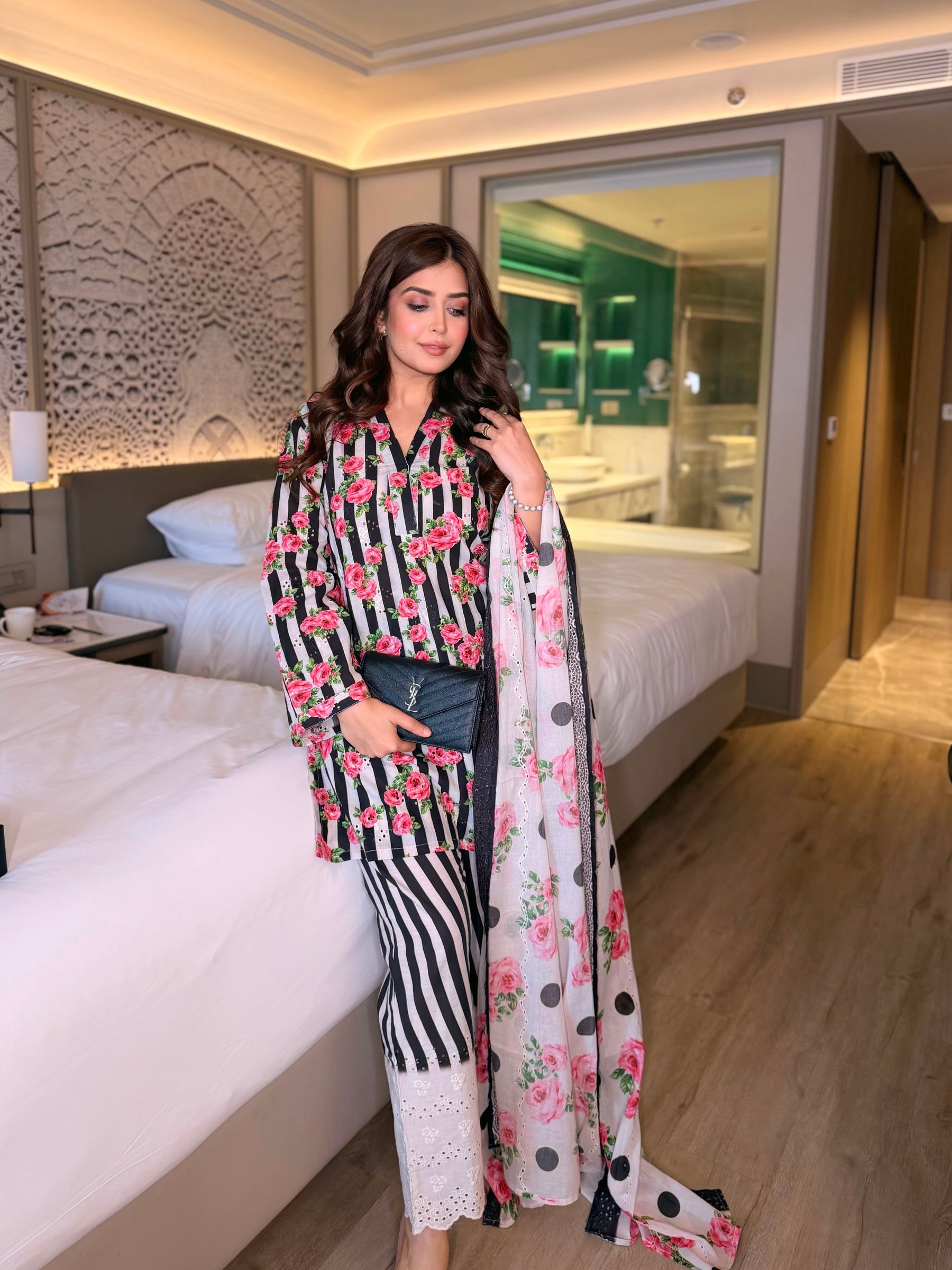 Black Floral Stripe Suit Set