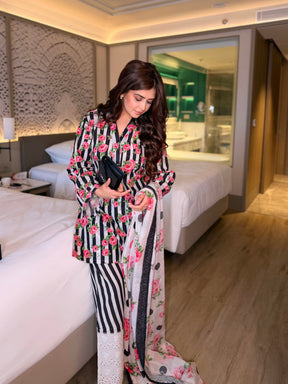 Black Floral Stripe Suit Set