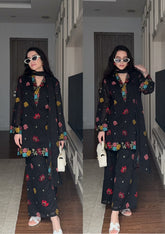 Black Embroidered Cotton Suit Set