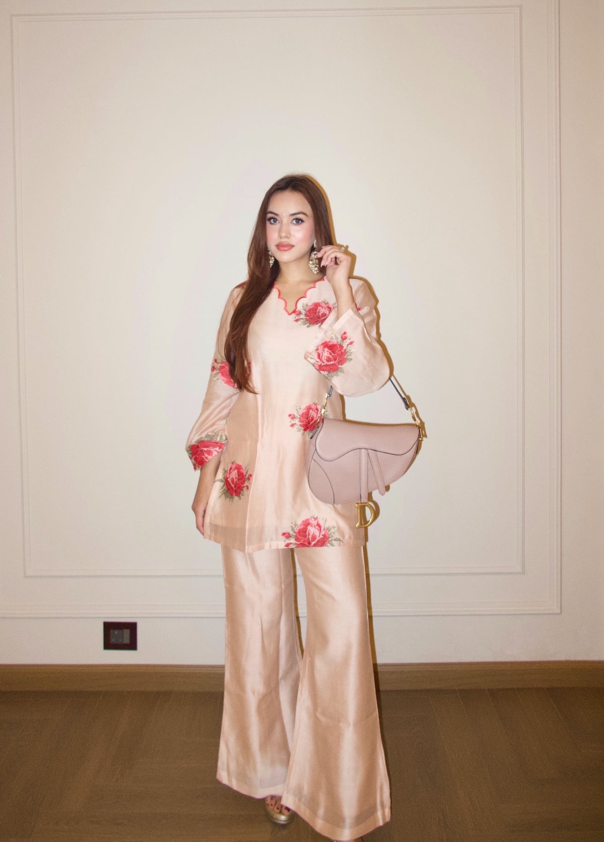 Peach Embroidered Floral Coord Set