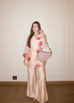 Peach Embroidered Floral Coord Set