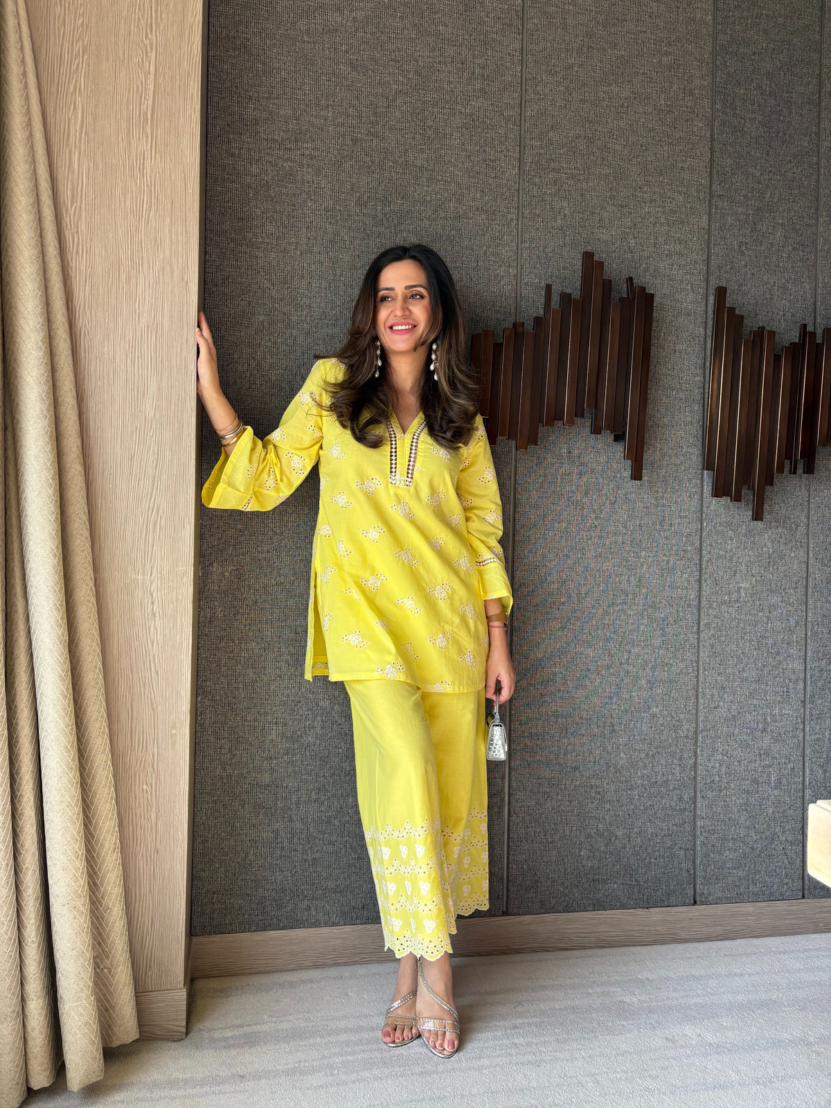 Sunflower Yellow Embroidered Cotton Coord Set
