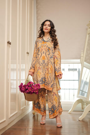 Cream and Blue Printed Kurta Pants Coord Set