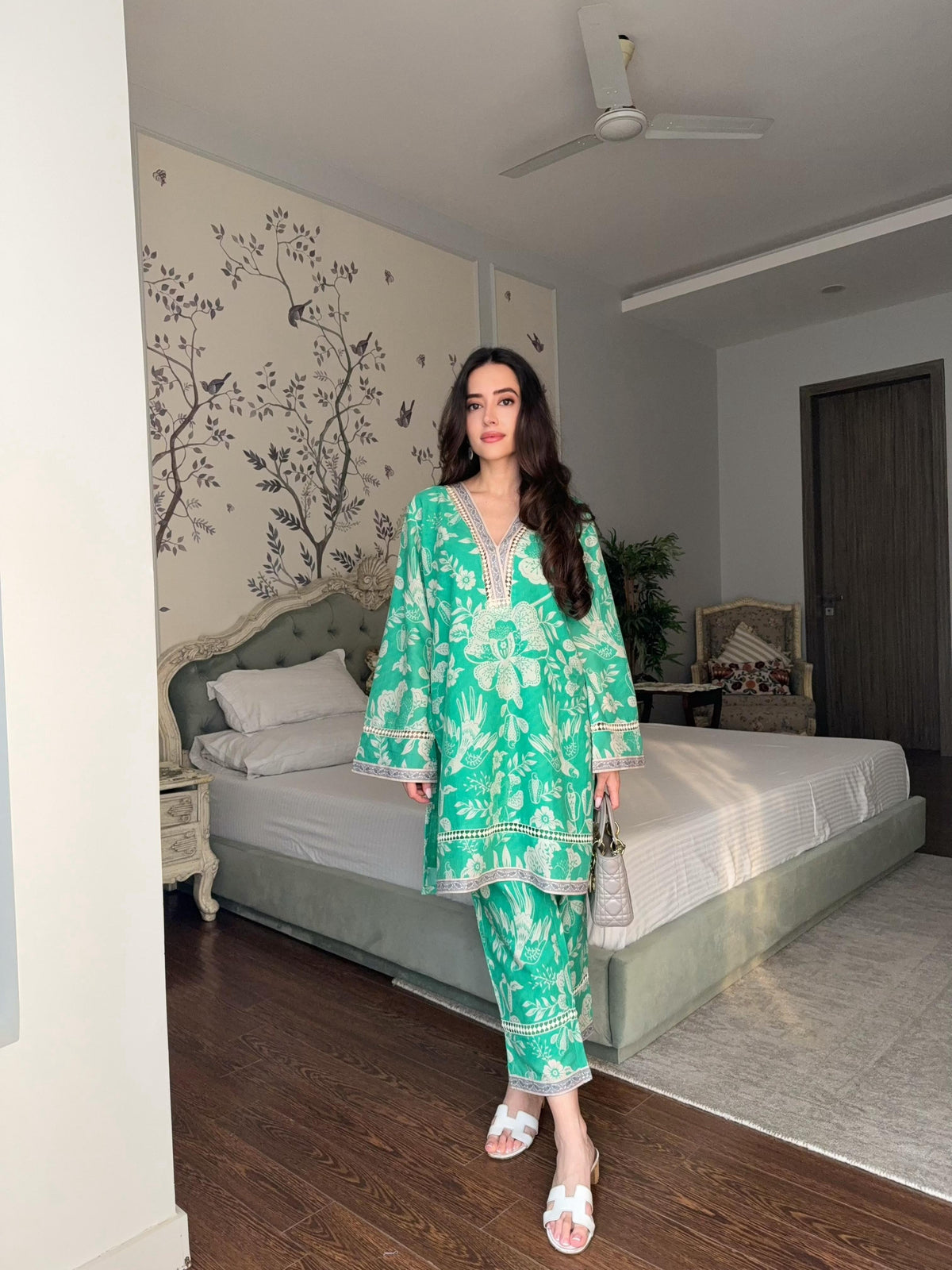 Soft Green Lace Kurta Pants Set