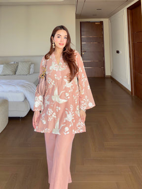 Pastel Peach Embroidered Coord Set