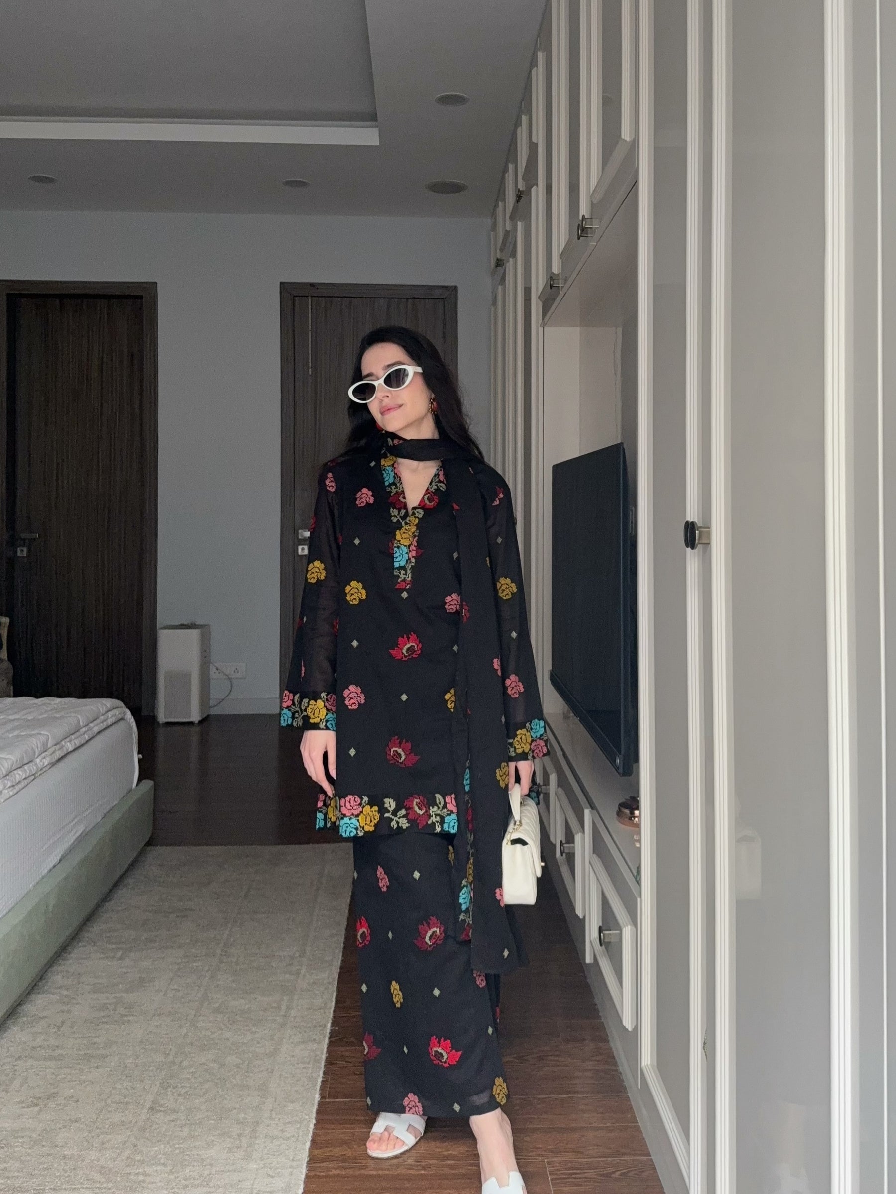 Black Embroidered Cotton Suit Set