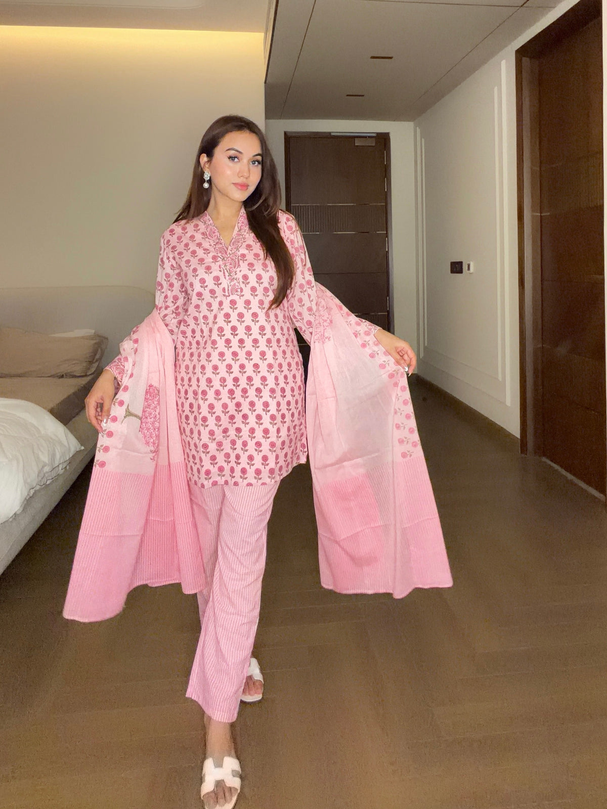 Soft Pink Block Print Suit Set