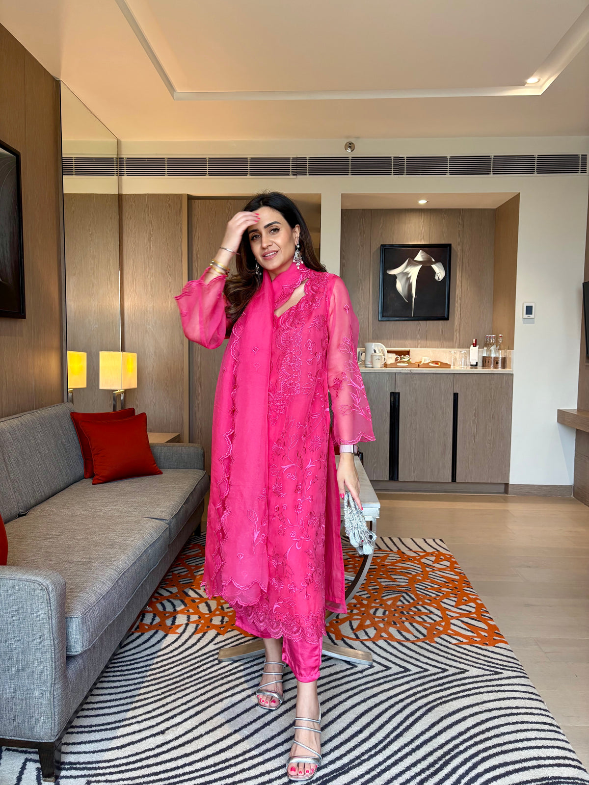 Hot Pink Organza Embroidered Suit Set